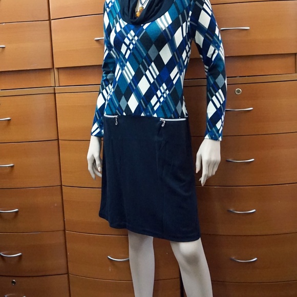 Work Ready Long Sleeve Dress with Cowl Neck and Zip Pockets in Blue Plaid Print - Picture 4 of 9